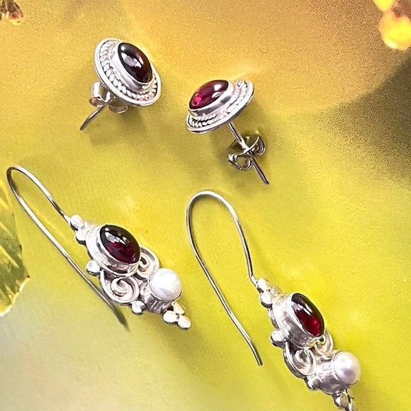 STERLING SILVER 925 MULTI GEMS EARRINGS PEARL GARNET BALI STUD & EARRINGS - Picture 7 of 7